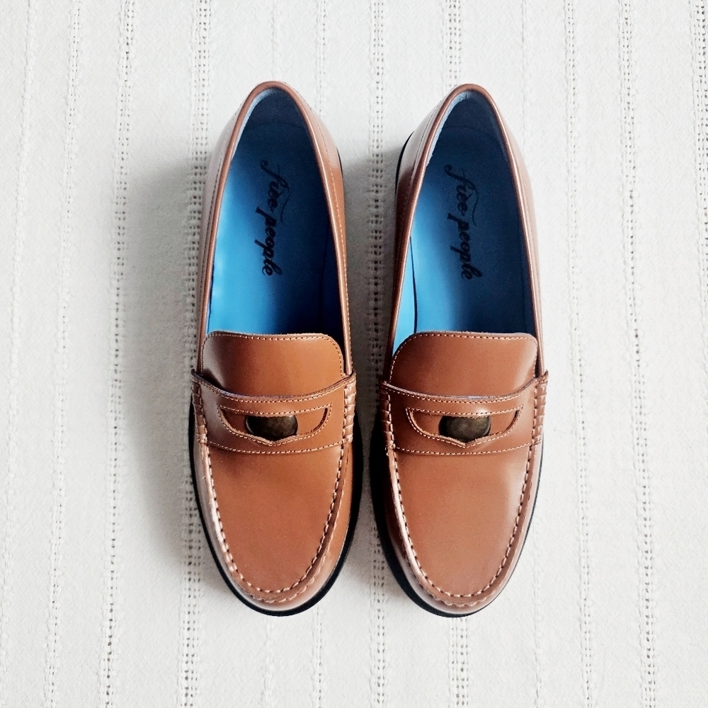 Free People Leather Penny Loafers Liv Slip On Chunky Brown Neutral Size 10 NIB - Picture 6 of 16